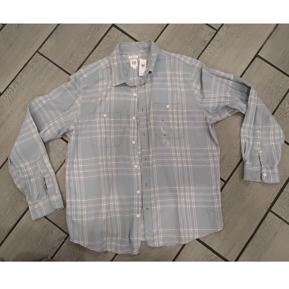 GAP Men's XL Untucked Plaid Button Up Shirt Light Blue White‎ Casual Long Sleeve